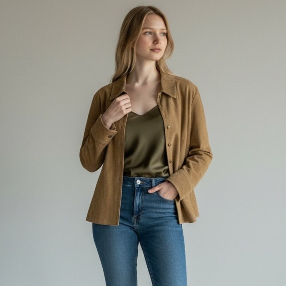 Coldwater Creek Leather Suede Button Front Jacket Women's Sz 1X Tan Y2K Retro